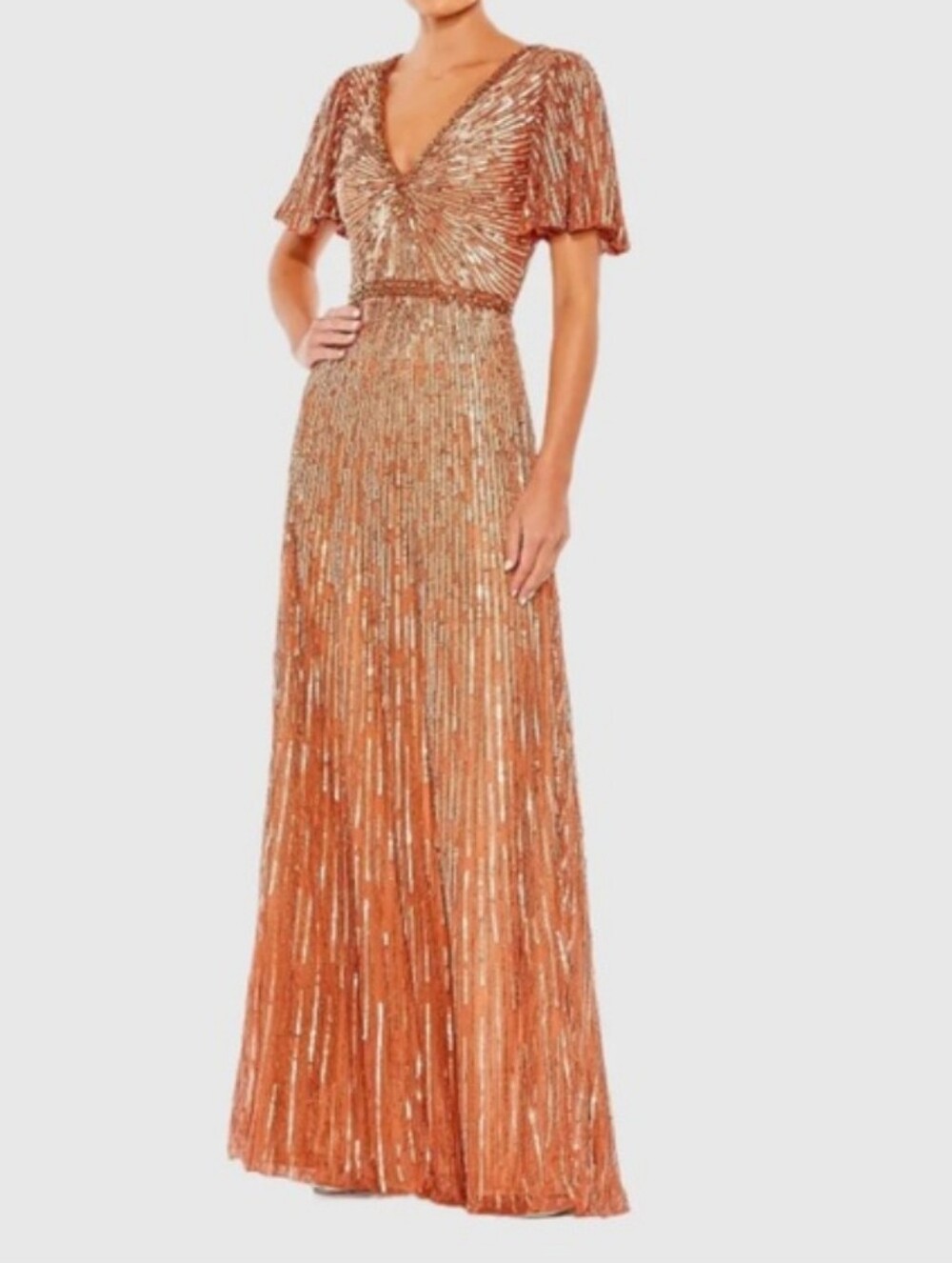 Mac Duggal Copper Sequin And Beaded V-Neck Evening Gown